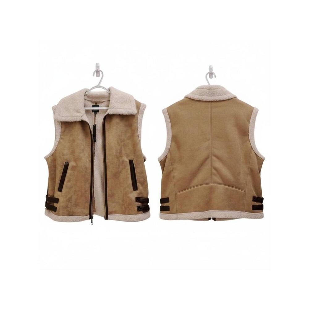 Womens Faux Suede Sherpa Lined Moto Vest Tan Buckle Detail Zip Up Outerwear